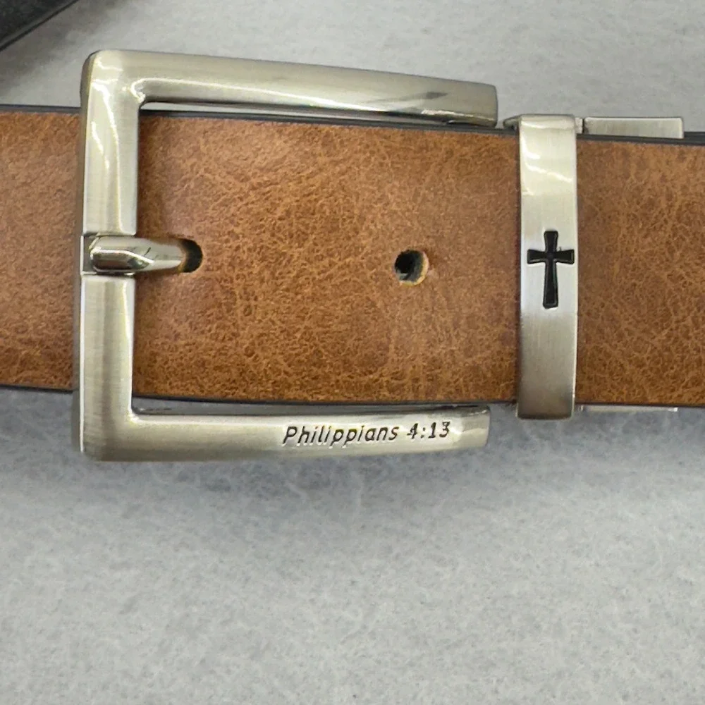 NEW‎ Philippians 4:13 Reversible Black Bonded Leather Belt Silver Buckle Sz 36